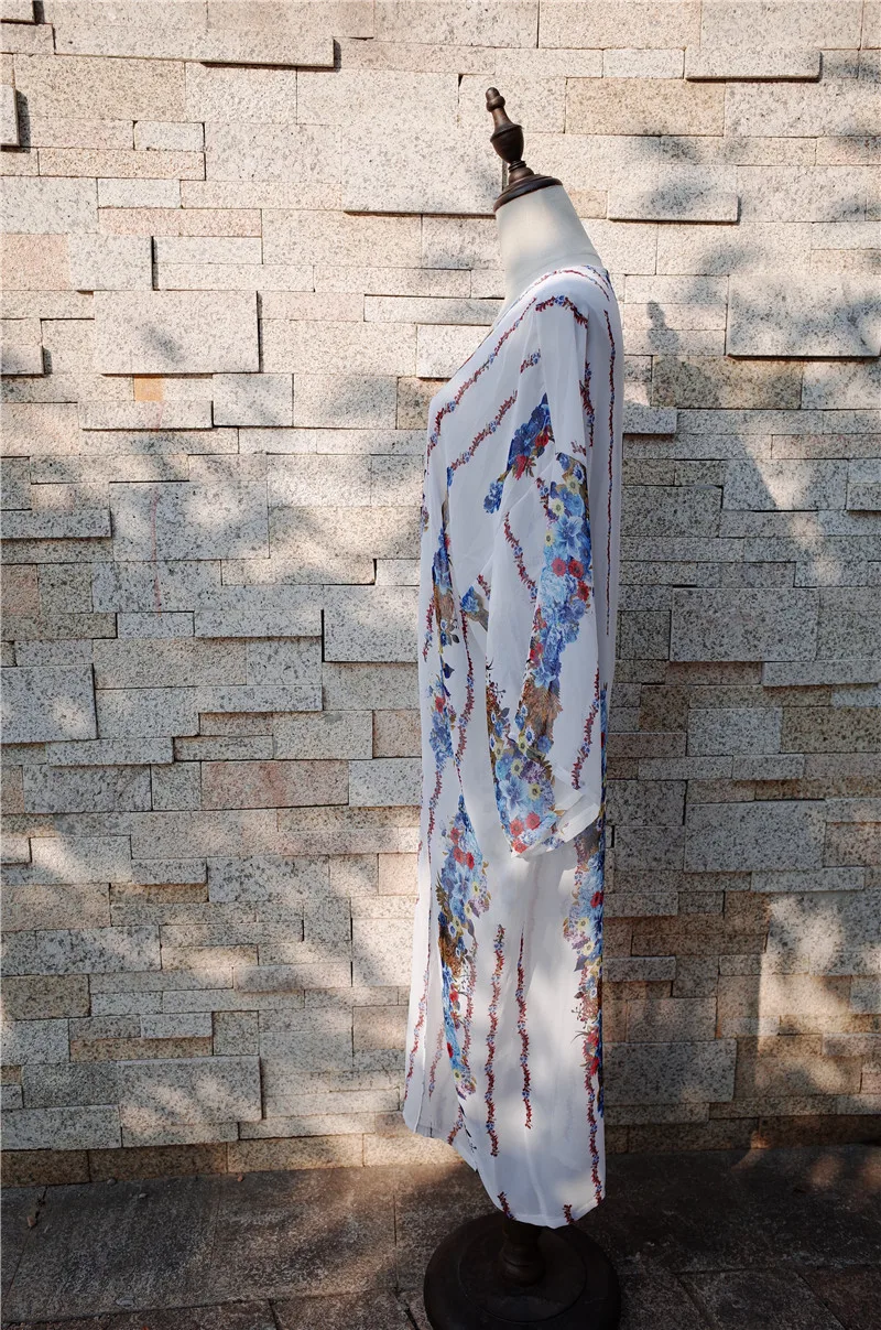 Бохо богемное пляжное кимоно кардиган размера плюс с длинным рукавом рубашка женская одежда белый принт женские топы лето блузка N608