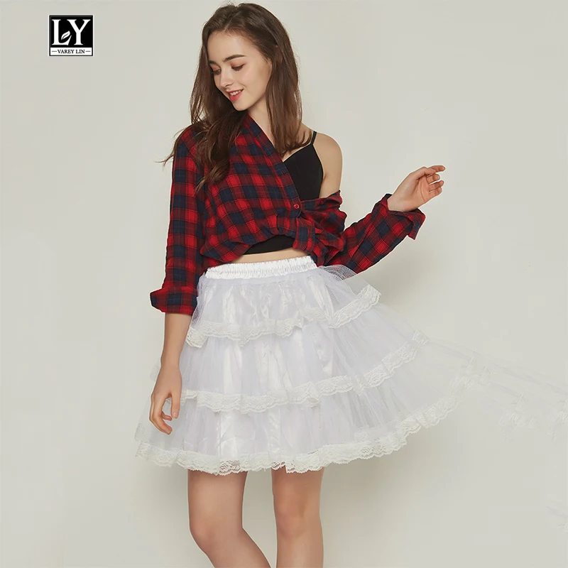 

Ly Varey Lin Summer Lolita Style Tulle Skirs Black White Princess Lace Romantic Girl Skirts For Women High Waist Short Skirt