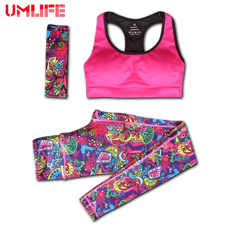 UMLIFE New Sport Suit Women Sports Bra and Printed leggings Yoga Set Gym Fitness Running Sportswear Elastic Workout Clothes