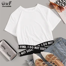 Dotfashion контрастный слоган крест-накрест Талия тройник Лето круглый вырез короткий рукав Топ для женщин Асимметричная футболка