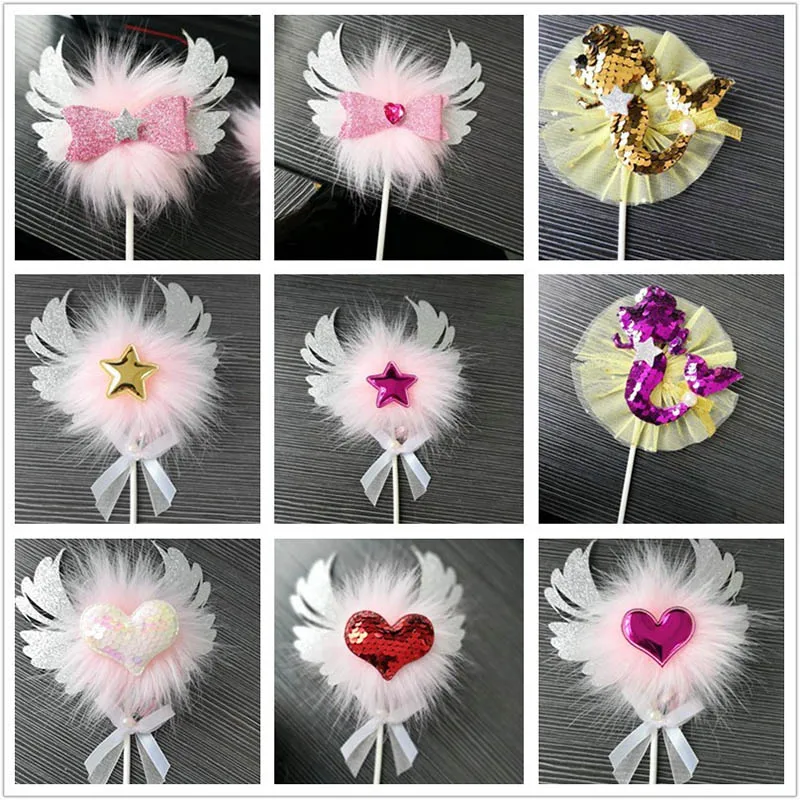 

Plush Cake Topper Cake Decoration Pink Wings Love Crown Bow Knot Cake Dessert Inserted Card Kids Birthday Party Cupcake Toppers