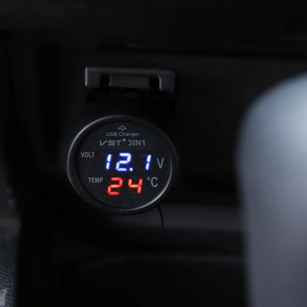 

Multifunction Car Digital Voltmeter USB Car Charger 3 in 1 LED Battery DC Voltmeter Thermometer Temperature Sensor