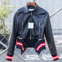 Motorcycle Faux Leather Jacket Coat European and American Style Luxury Brand Women Leather Jacket Striped Jaquetas Feminino C857