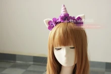 Lolita handmade Wool dream Pink Purple Unicorn Flower Ears HairBand Hoop Headdress free ship