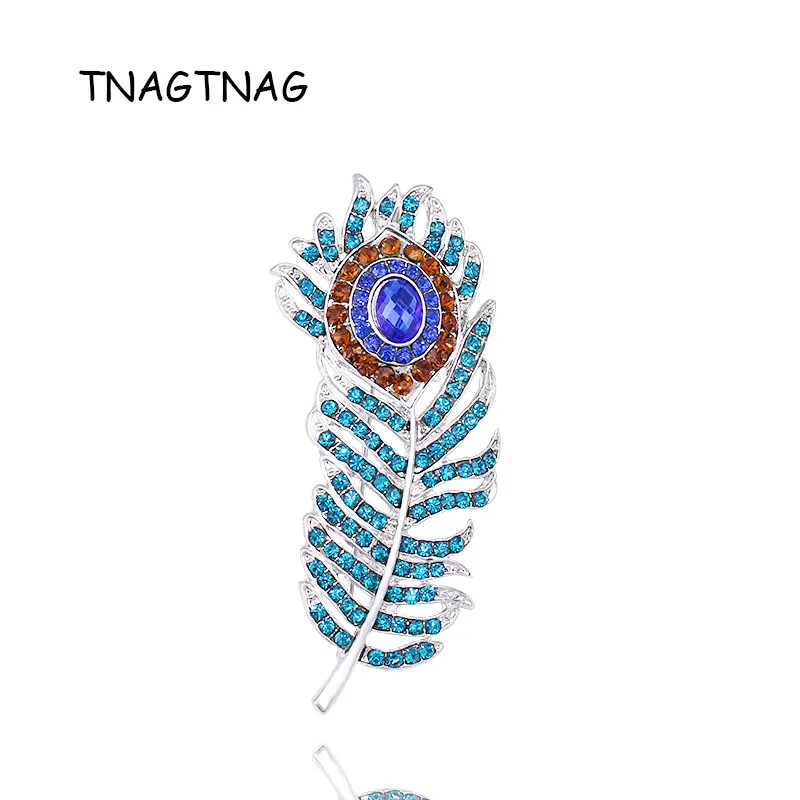 

Hot Sale Dark Navy Blue Enchanting Colorful Single Peacock Feather Large Crystal Rhinestone Custom Pin Brooch, Item No.: FB002-C