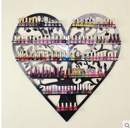 Nail polish store shelves display shelf. Hanging frame, wrought iron heart cosmetics.