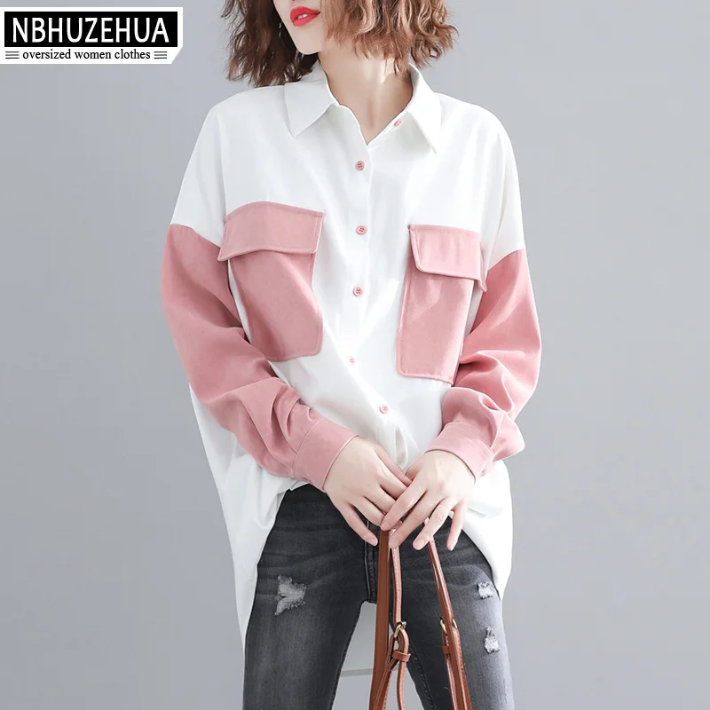 

NBHUZEHUA 2019 Spring Plus Size Women Shirt Korean White With Pink Long Tops For Ladies Chemise Femme Clothes 5XL 19-D10