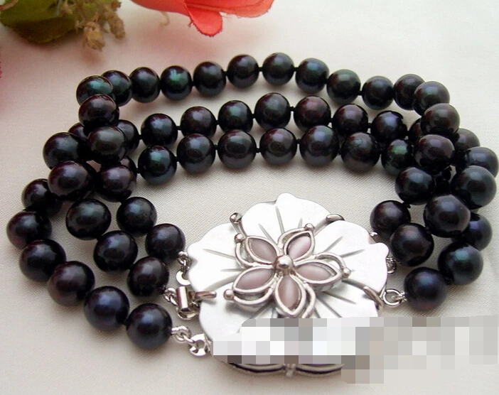 

free shipping 13325 3Strds Black Round Pearl Bracelet