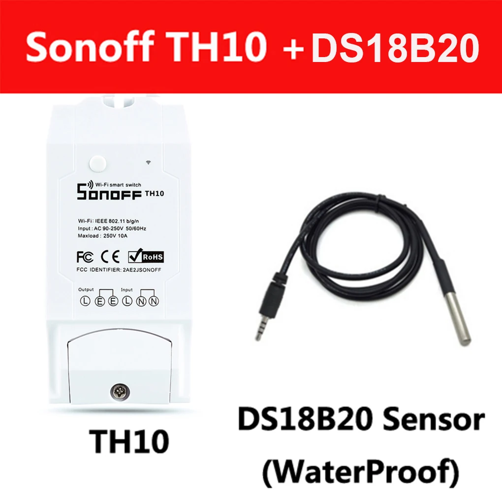 Sonoff TH 10A/16A Smart Wifi Switch Controller With Temperature Sensor And Waterproof Humidity Monitoring Home Automation - Комплект: TH10 and DS18B20