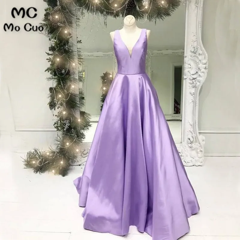 A-Line V-Neck Backless Sweep Train Lilac Satin Prom Gown Party Dress4