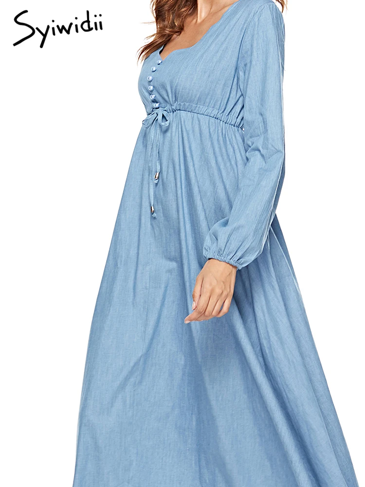 Fashion Denim Jeans Dress Women Long Sleeve Lace Up Waist Midi Dresses Party Casual Elegant French Women Dress 2019 Cotton Dress