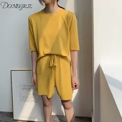 2019 летний женский повседневный комплект с короткими рукавами + шорты из шелка льда, вязаный комплект со штанами, Новинка