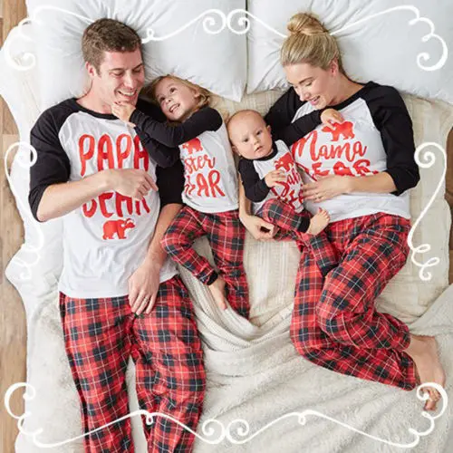 Family Matching Kids Mom Dad Christmas Pajamas PJs Sets Xmas Sleepwear Nightwear Long Sleeve Top + Plaid Pants Pajama Sets