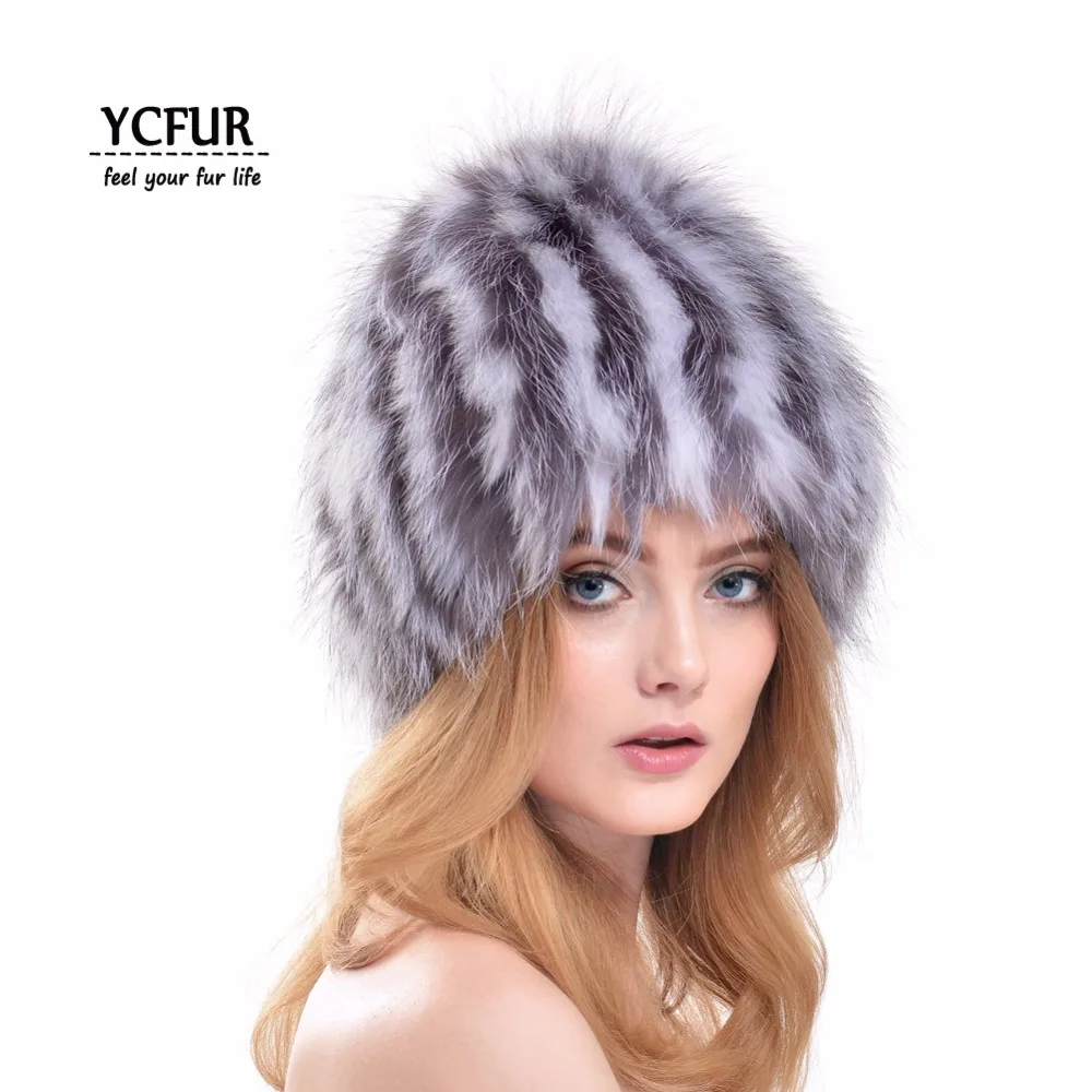 YCFUR Fashion Women Beanies Hats Winter Handmade Knit Genuine Fox Fur
