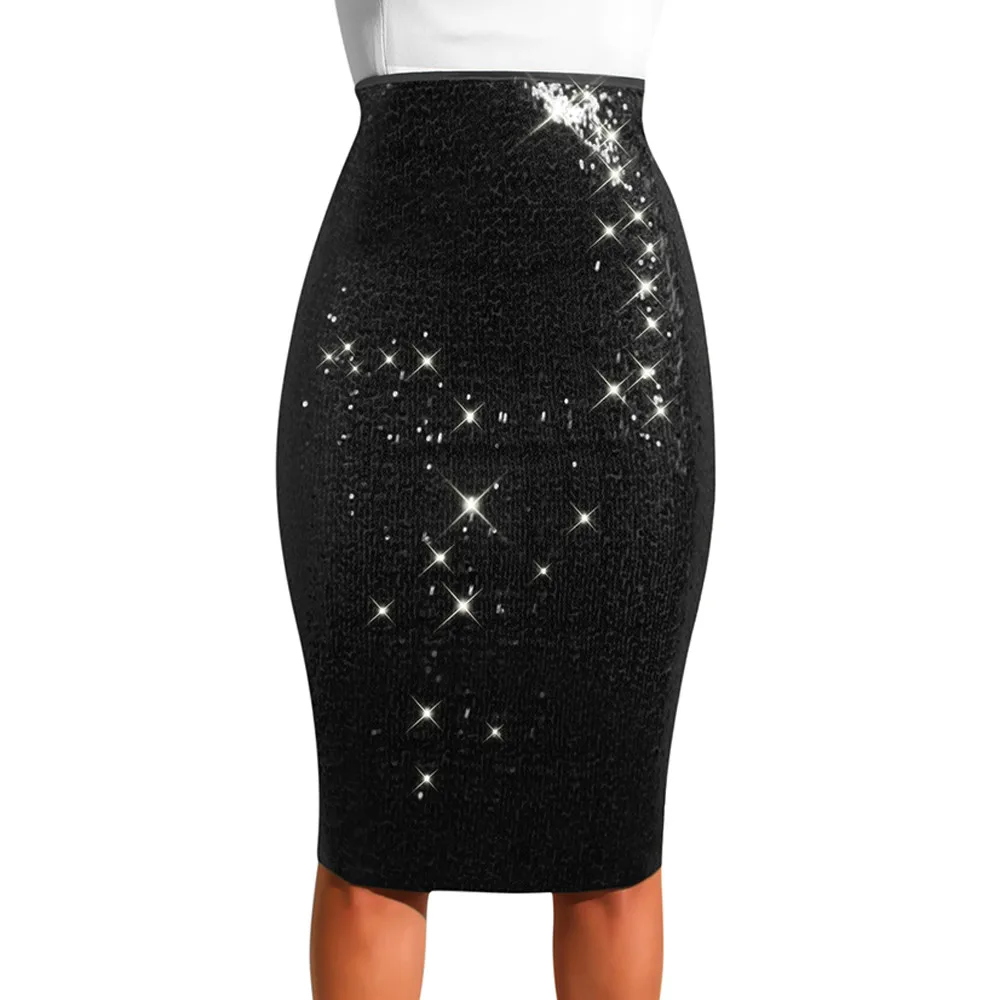 

Faldas Mujer Moda 2019 Women Fashion Solid Slim High Waist Push up Hip Pencil Zipper Sequin Skirt Jupe Femme