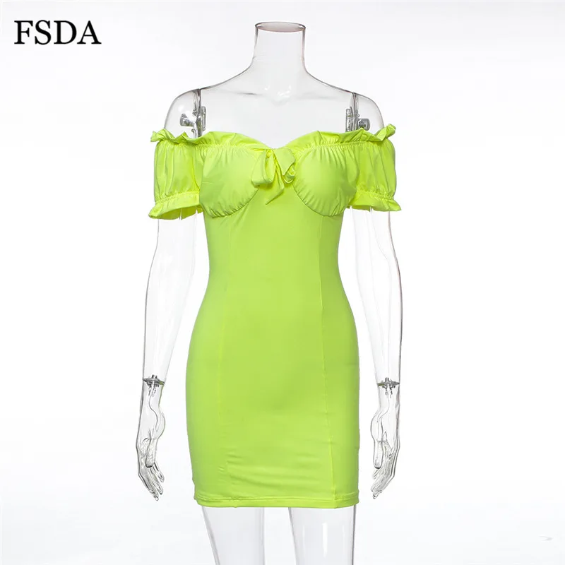 FSDA Неон оборками лук Ruched Bodycon Платье спинки без бретелек сексуальный V образным