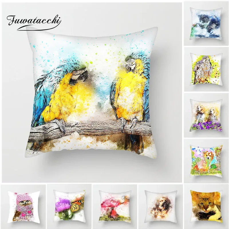 

Fuwatacchi Cat Dog Tiger Eagle Cushion Cover Watercolor Painted Animal Pillow Case Decoration Chair Sofa Home Soft Pillowcases