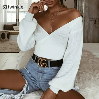 

2018 Autumn White V Neck Off Shoulder Sweaters Women Sexy Slim Crop Tops Solid Streetwear New Back Bow Lantern Sleeve Pullover