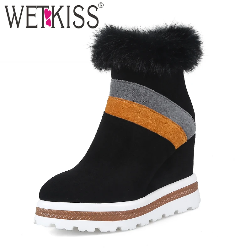 

WETKISS Fur Flock Women Ankle Boots Zip Wedges Footwear Pointed Toe High Heels Female Boot Platform Casual Shoes Woman Winter