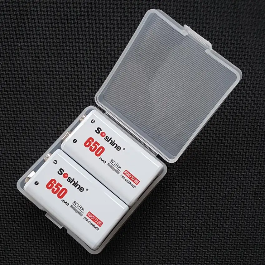 2PCS Soshine 9V lithium-ion polymer 650mah rechargeable battery 9V Battery pilhas recarregaveis with battery protective box