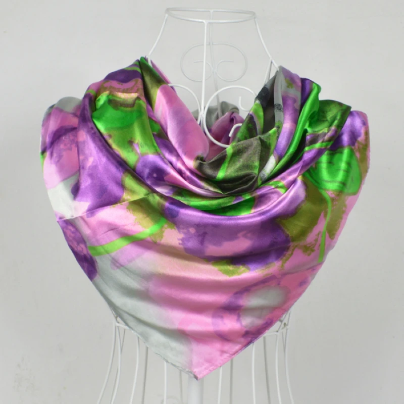 

[BYSIFA] 90*90cm Fashion Purple Grey Polyester Silk Scarf Hijab Printed For Wome New Style Women Big Square Silk Scarf Shawl