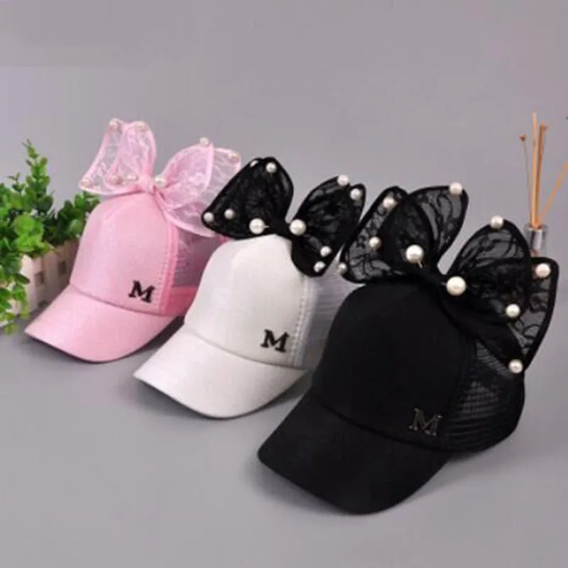 MAERSHEI Cute Girls Mesh cap Summer Children Baseball Cap Girls Rabbit Ear Pearl Big Bow Kids Sun Hat Snapback Hip Hop Caps