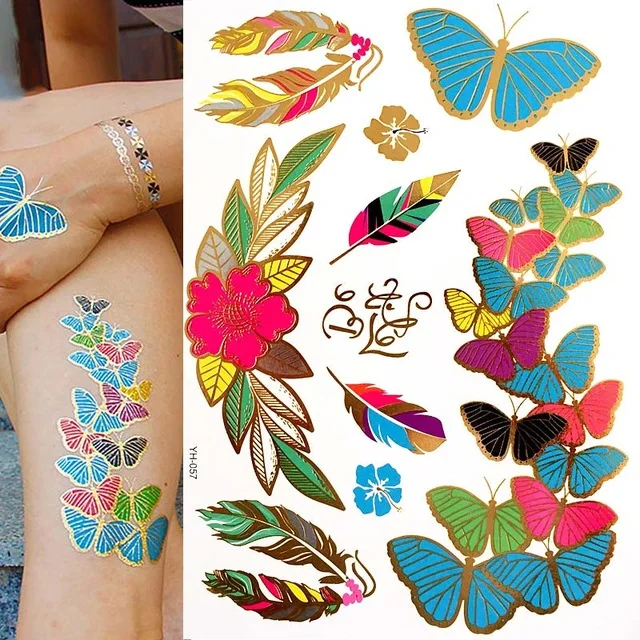 1 шт золотые татуировки Мода в Временные татуировки блестящие татуировки водонепроницаемые наклейки Женщины