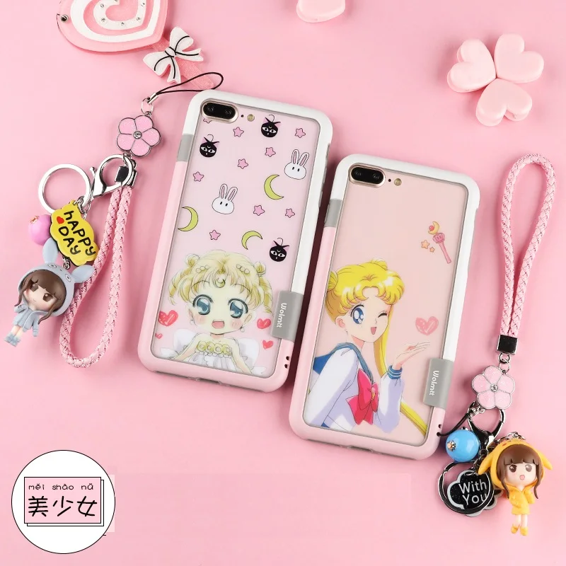 

Sailor moon Sakura back front Tempered Glass Screen film for iPhone 8plus 8 7 Plus 6 6SP & anti-knock bumper +Bracelet +3D toy