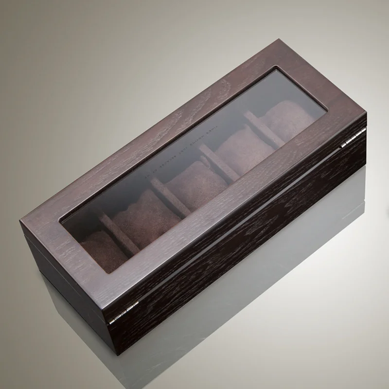 5 Slots Wood Watch Organizer With Glass Window Brown Watch Holder For Men Case Storage Box Fashion Showcase