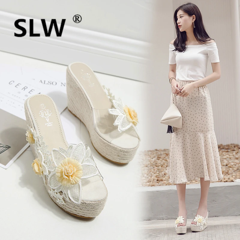 

Slides On A Wedge Flower Women's Slippers 2019 Heeled Mules Platform Bohemia Sliders New Heels Flat Summer Floral Basic Sweet