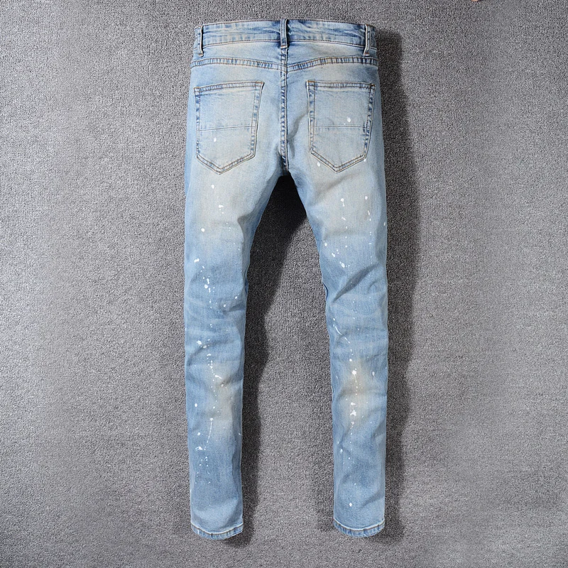 Fashion Streetwear Men Jeans Blue Color Retro Wash Slim Fit Ripped Jeans Men Destroyed Patches Designer 2