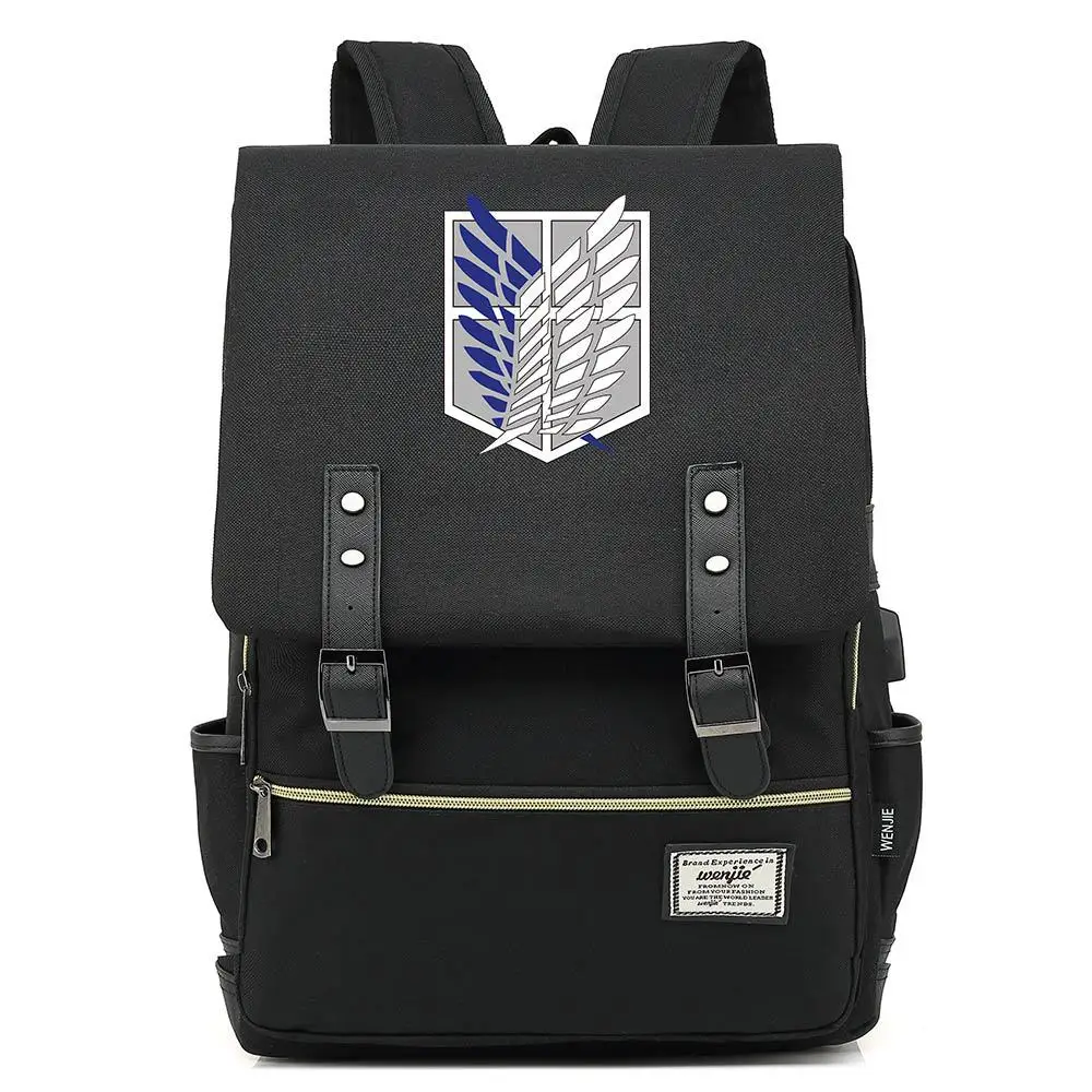 

16 Inch Attack on Titan Wings of Freedom Designer Backpack Book Bags Shoulder Bag Travel Backbags USB Port Belt Buckle Mochila