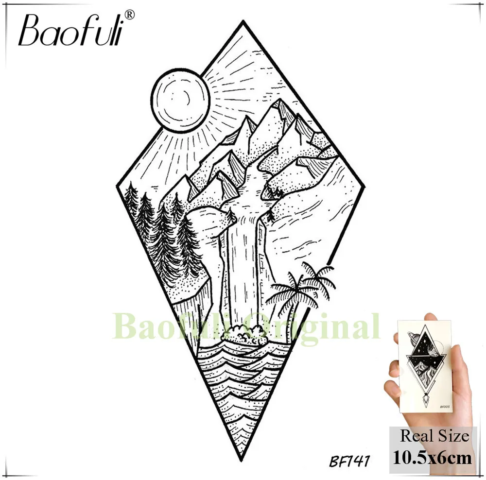 Временные татуировки Baofuli Diamond Sun Mountain Ocean кокосовое дерево боди арт тату черного