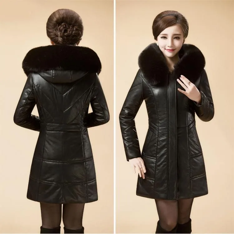 Кожаная куртка, новое зимнее теплое Для женщин кожа с длинными рукавами куртка с капюшоном для женщин среднего возраста Для женщин Средний длинный тонкий плюс Размеры пальто L-7XL G119
