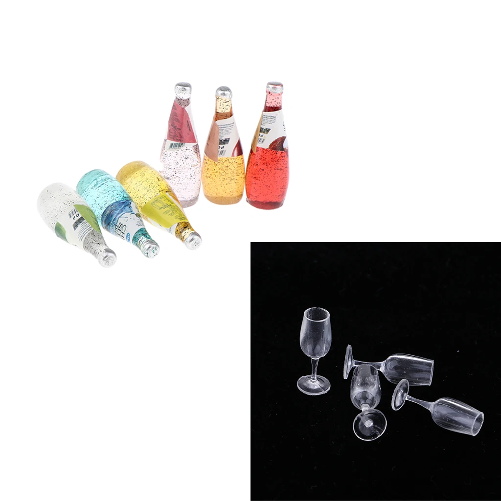 10 Pieces Cocktail Bottles & Goblets for 1/12 Scale Dollhouse Kitchen Dining Room Miniatures Accessories