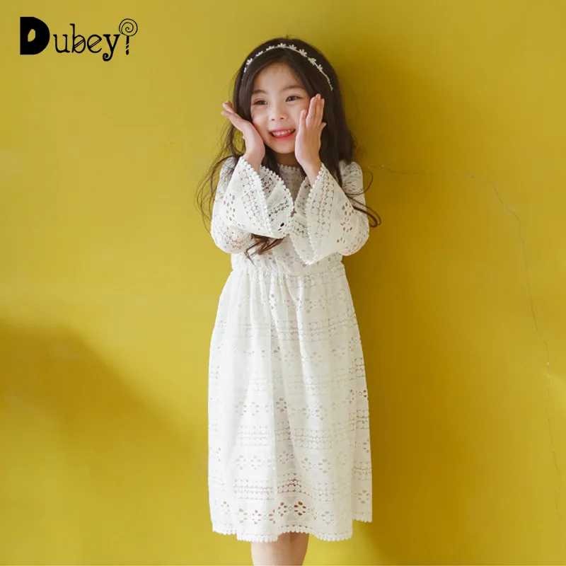 

Girl Summer Wedding Birthday Party Dress White Lace Long Tunic Robe Elegant Long Sleeve Clothing for 4-12 Years Old Girl