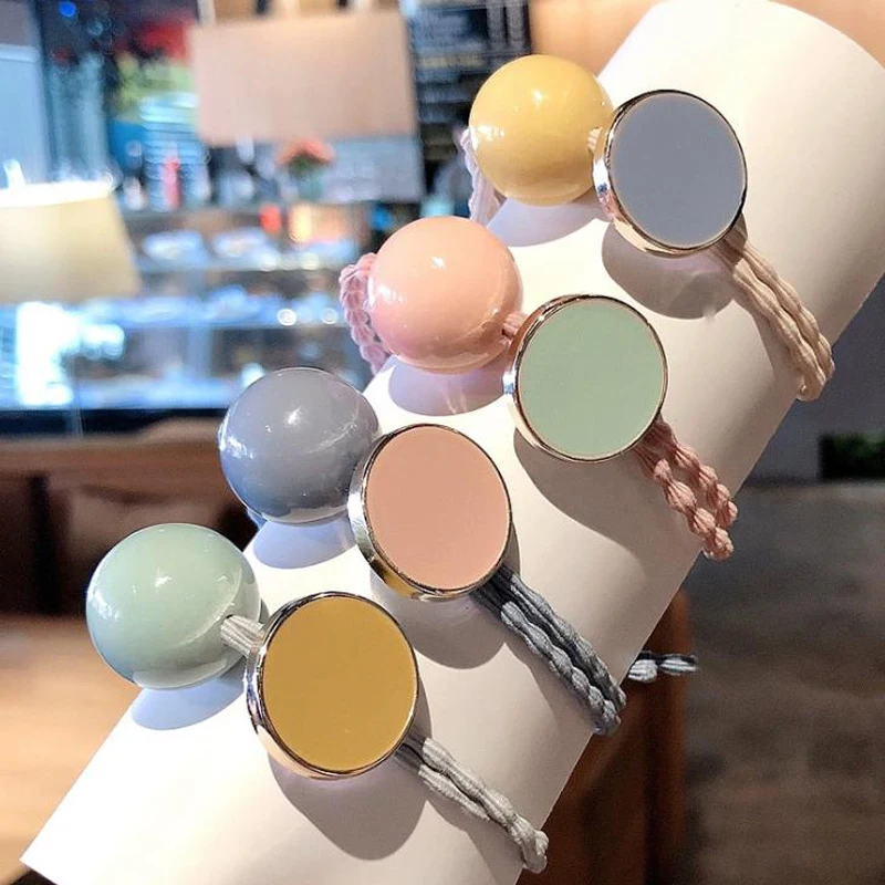 

NEW Fashion Women Candy Color Hair Band Round Geometric Hair Accessories Acrylic Bead Double High Elastic Rubber Band Headwear