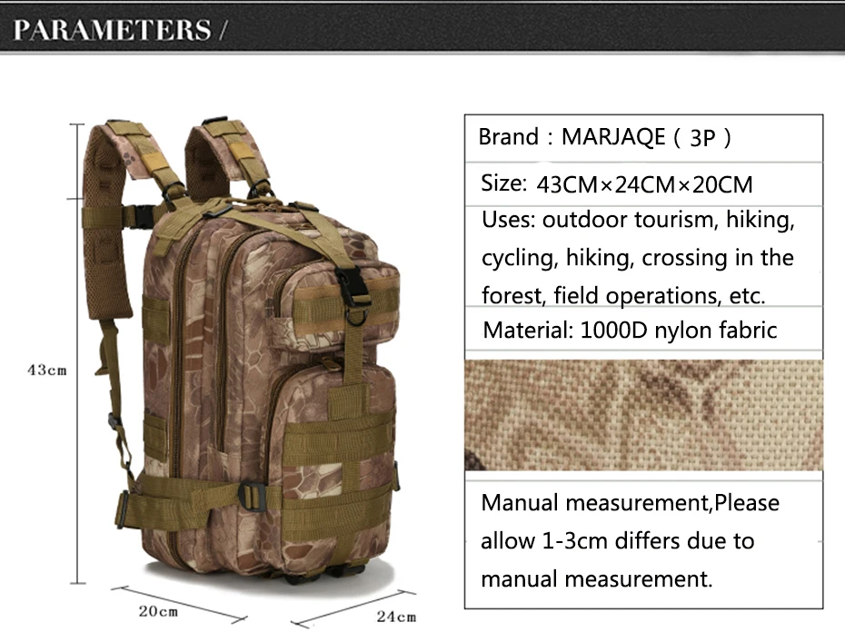 Мужской военный рюкзак большой емкости, водонепроницаемый рюкзак для путешествий 3 P, рюкзак для атак, нейлоновый армейский патруль, камуфляжные рюкзаки, сумки