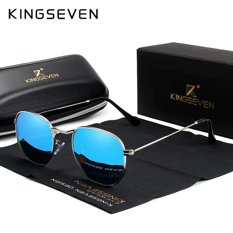 KINGSEVEN, классические светоотражающие солнцезащитные очки, мужские шестигранные ретро очки, солнцезащитные очки из нержавеющей стали, солнцезащитные очки, солнцезащитные очки - Цвет линз: silver Blue