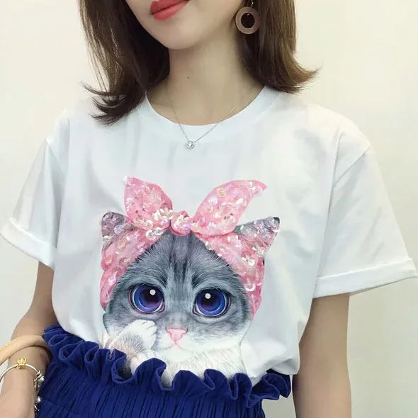 

2018 new brand spring summer fashion loose sexy lips love Cat Print T-shirt Star embroidered sequins tops leisure bee T-shirt