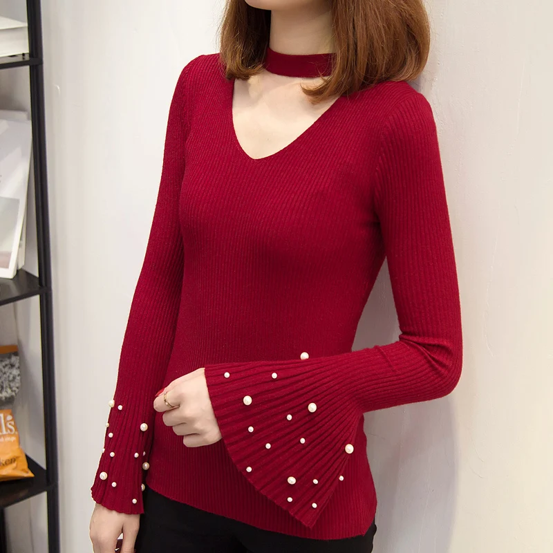 Autumn Winter Black Halter Knitted Sweater Sexy Pullover Women Tops ...