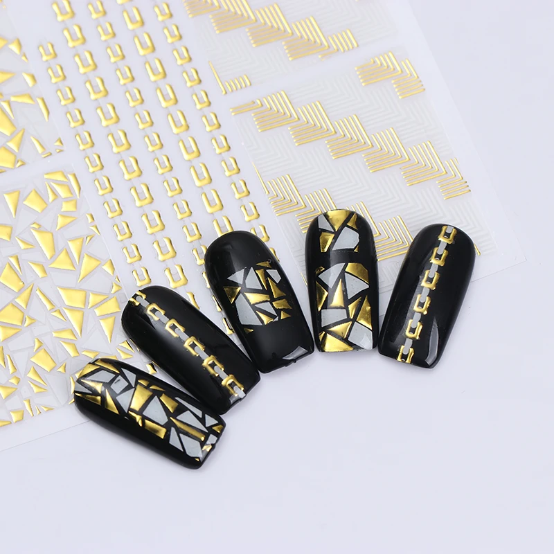 

1 Sheet Gold Metal 3D Nail Sticker Geometric Stripe White Flower Manicure Transfer Sticker DIY Nail Art Decoration