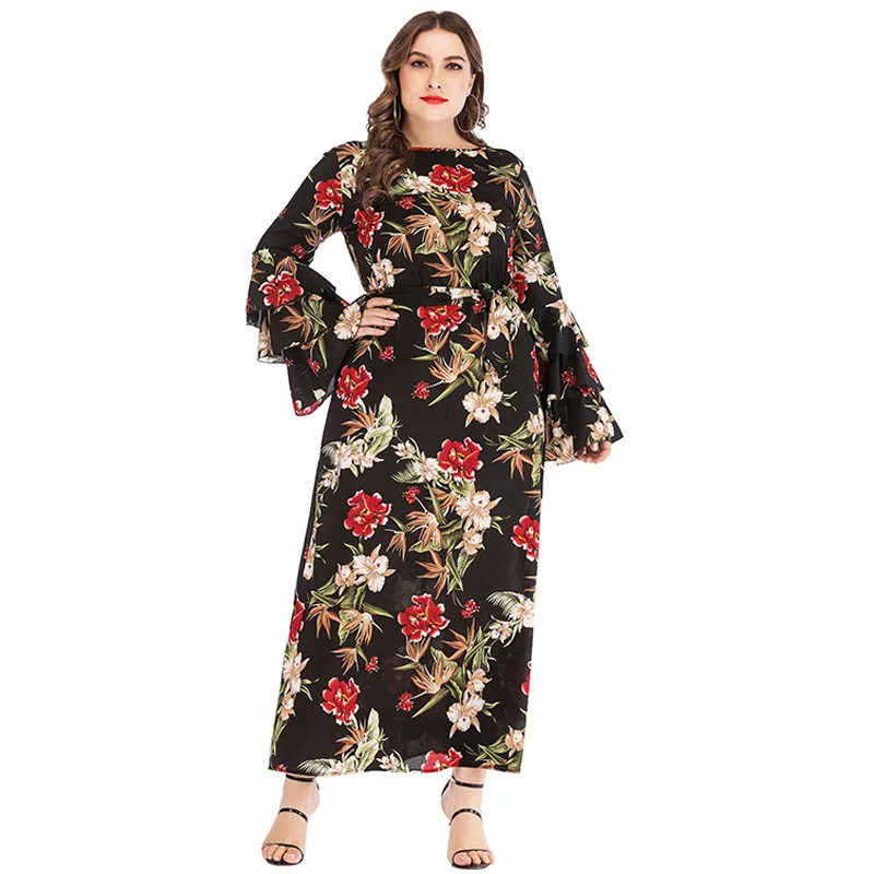QMGOOD Women Plus Size Dress Floral Print Flare Sleeve Maxi Dress Elegant Long Sleeve Dress Vestido Dresses Woman Party Night