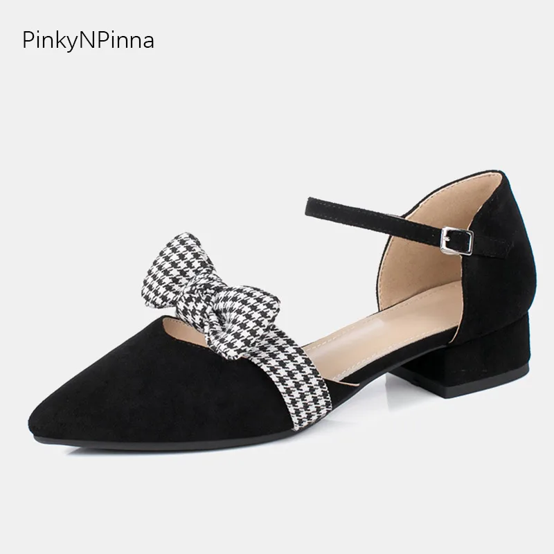 

women preppy style flock sandals pointed toe gingham bow tied cover heel strap soft sheepskin insole sweet summer office shoes