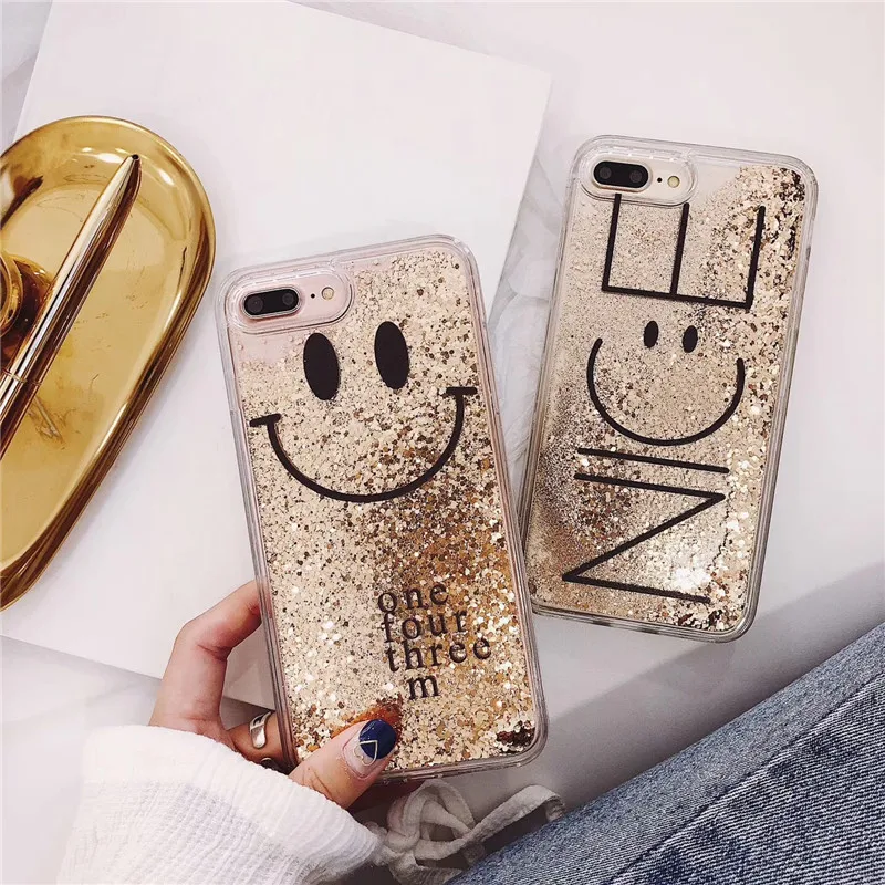 

Fashion golden Sands transparent glitter smiley liquid quicksand soft phone case for iphone 7 8 case for iphone x case cartoon
