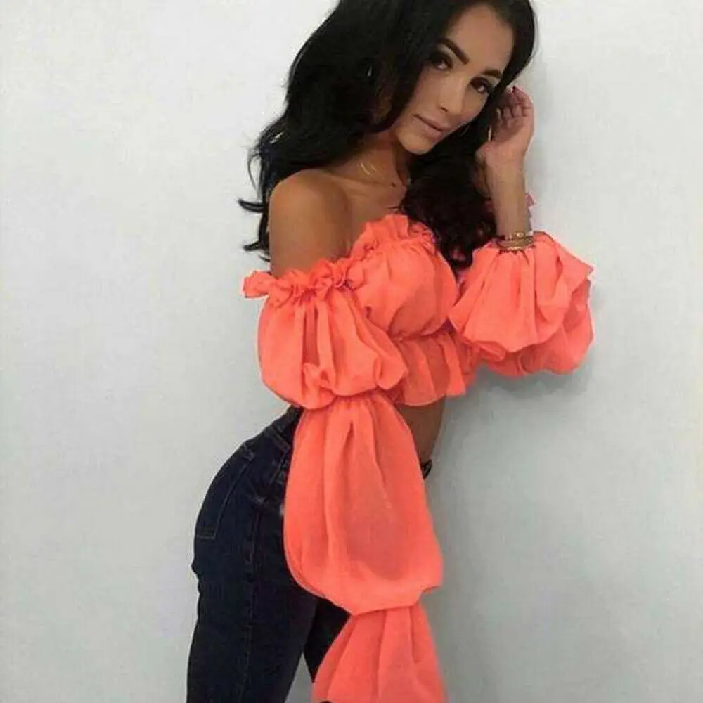 

New Fashion Womens Chiffon Long Puff Sleeve Off Shoulder Crop Tops Blouses Loose Casual Blouse Lady Sexy Hot Sale Corp Top Shirt