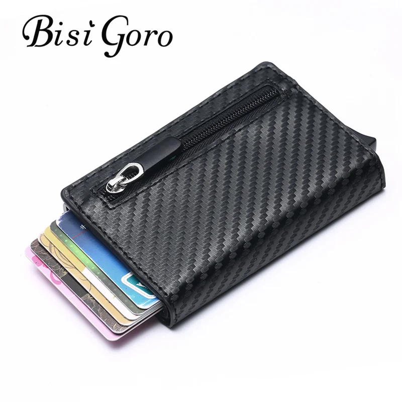 

BISI GORO New RFID Wallet 2019 Antitheft Aluminum Box ID Card Holder PU Leather Pop Up Card Case Magnet Carbon Fiber Coin Purse