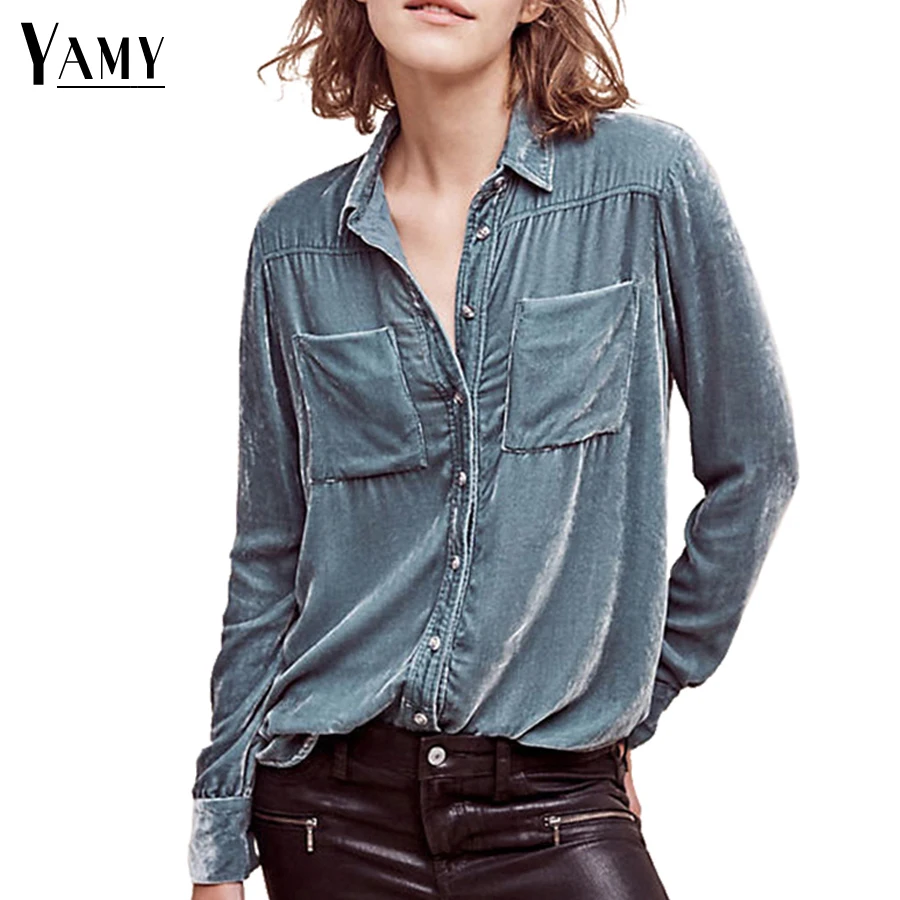 

Spring Vintage blue Velvet Blouse women tops Turn-down Collar long sleeve Casual Shirt women clothing 2017 new arrival