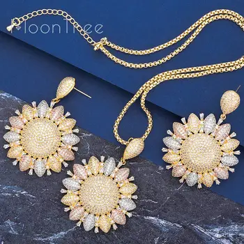 

MooTree Luxury Trendy Flower Full Cubic Zircon Copper 3Tone Women Wedding Engagement Party Earring Necklace Jewelry Set