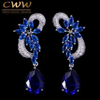 

CWWZircons Brand Unique Design Silver Color Luxury Cubic Zircon Drop Stones Long Royal Blue Earrings for Women CZ234